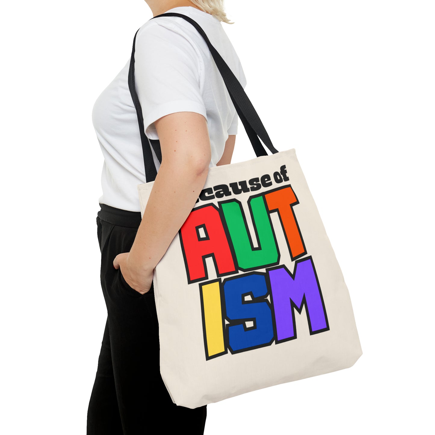 Tote Bag (AOP) - "Because of Autism"