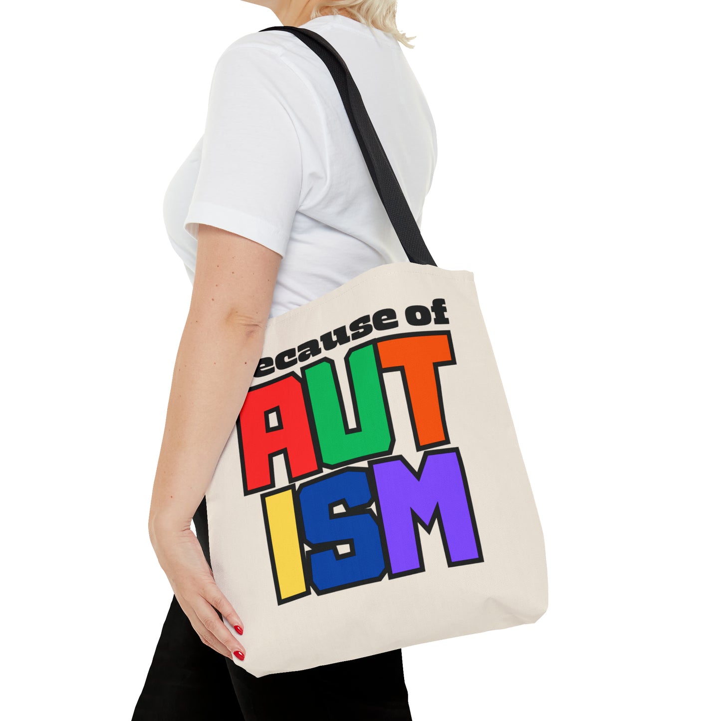 Tote Bag (AOP) - "Because of Autism"